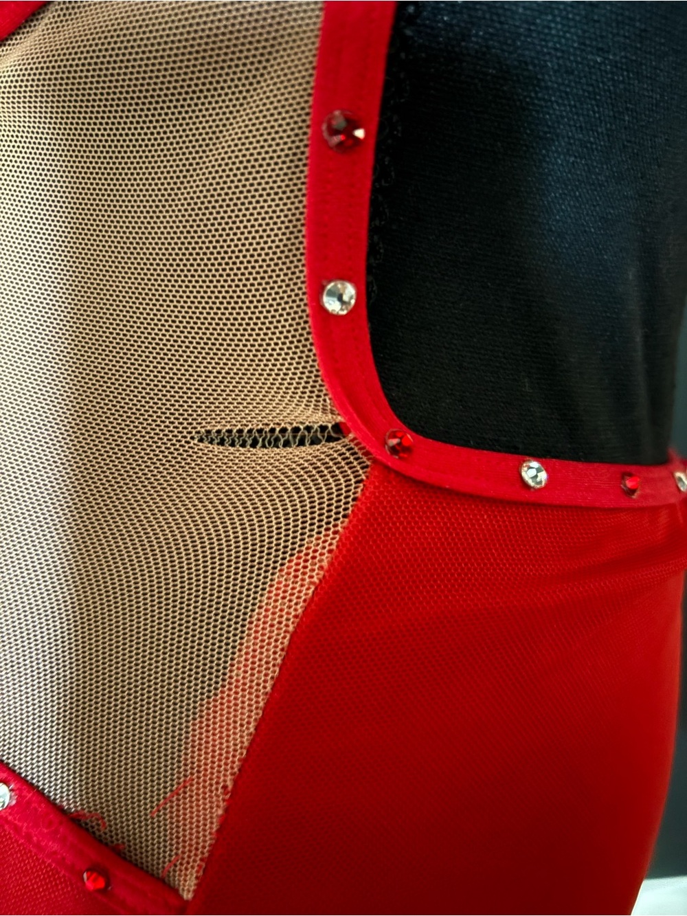 Red Sheer & Mesh Rhinestone Bodysuit - Picture 3 of 3